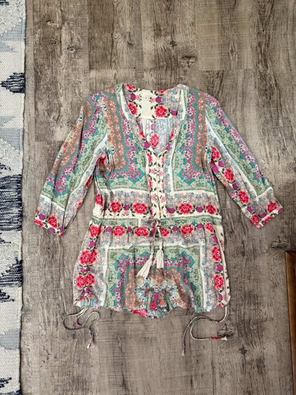 Boho Floral Tassel Romper — Pink, Teal & Cream
